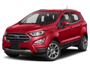 a red 2020 Ford EcoSport and a list of its features and specs